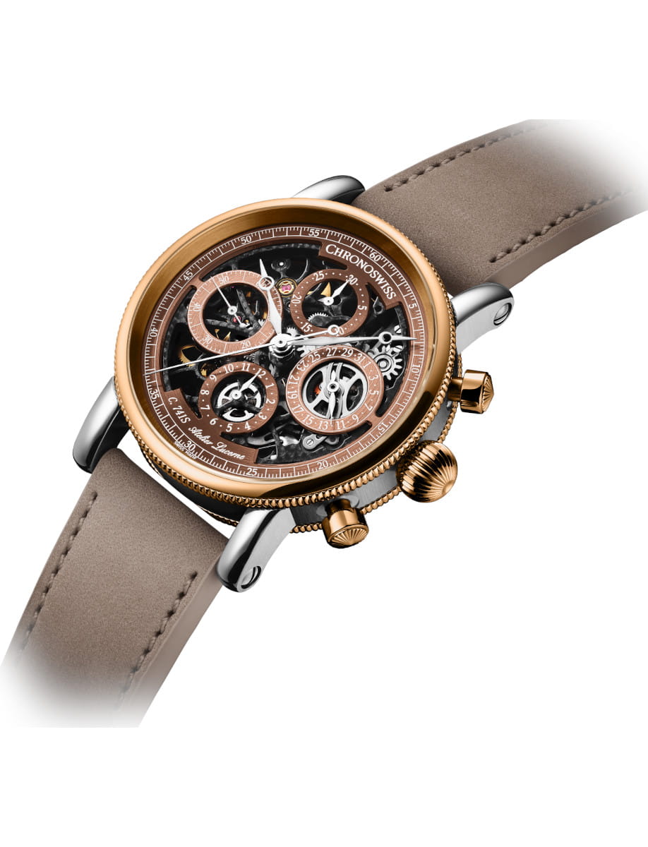Side view of Chronoswiss Opus Chronograph Dakar wristwatch with stainless steel and 18k red gold case, skeletonized dial, and sand-colored Nubuck leather strap.