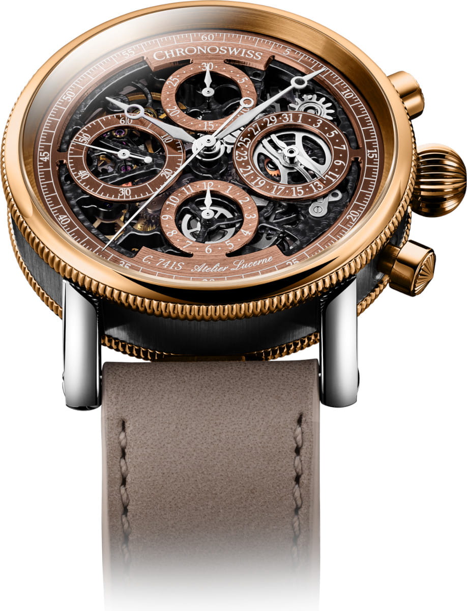 Front view of Chronoswiss Opus Chronograph Dakar wristwatch with stainless steel and 18k red gold case, skeletonized dial, and sand-colored Nubuck leather strap.