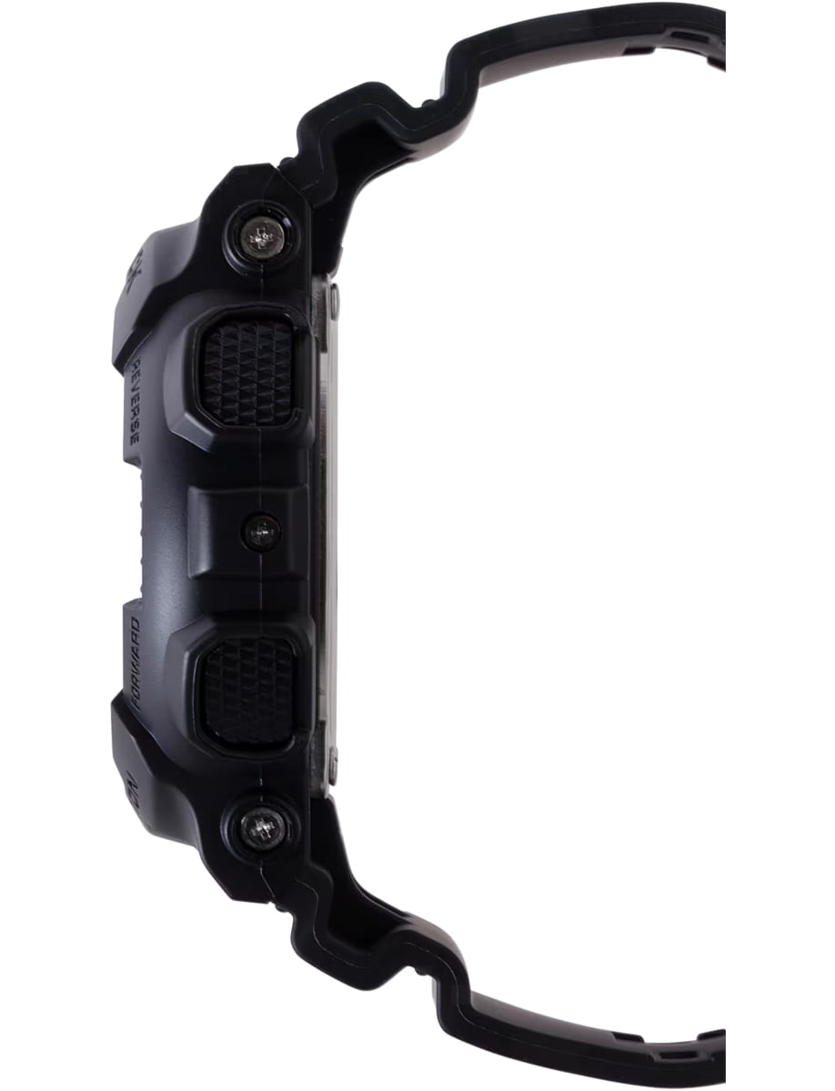 Side view of G-SHOCK wristwatch with resin case and bracelet and blue dial