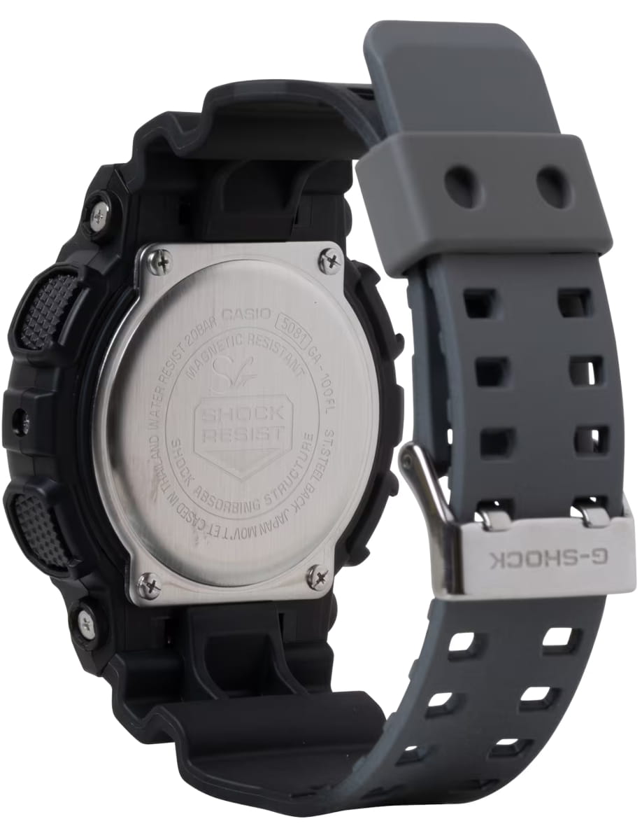 Back view of G-SHOCK wristwatch with resin case and bracelet and blue dial