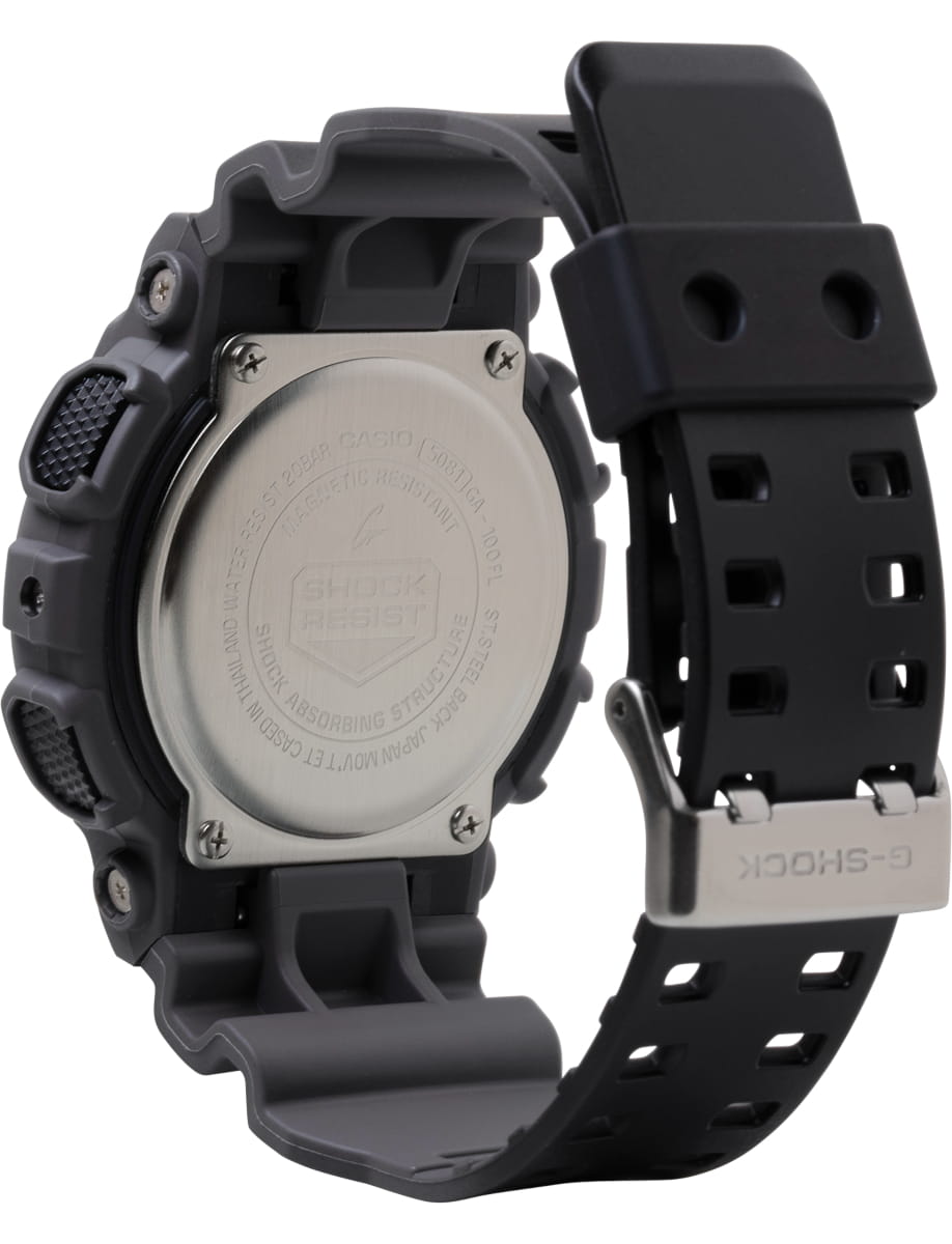 Back view of G-SHOCK wristwatch with resin case and bracelet and vibrant orange dial