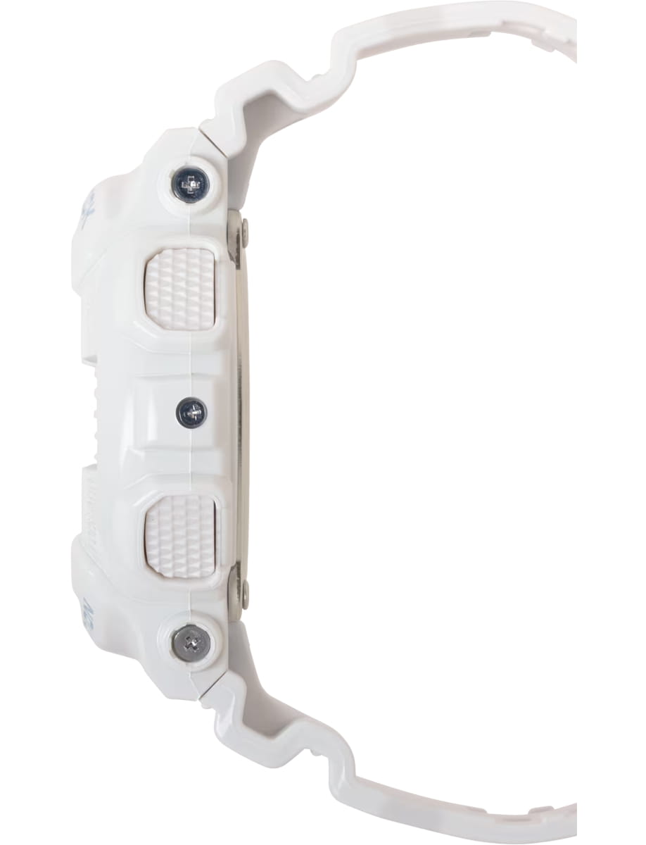 Side view of G-SHOCK wristwatch with resin case and bracelet and purple dial