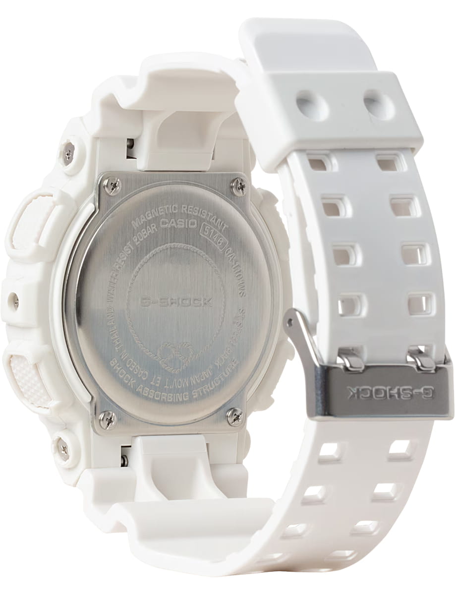 Back view of G-SHOCK wristwatch with resin case and bracelet and purple dial