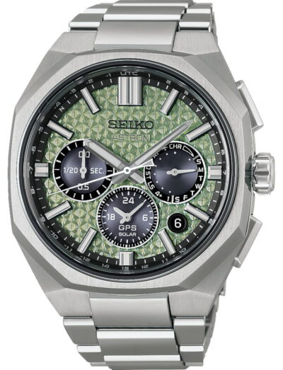 Seiko Astron wristwatch with titanium case and bracelet, and green dial.