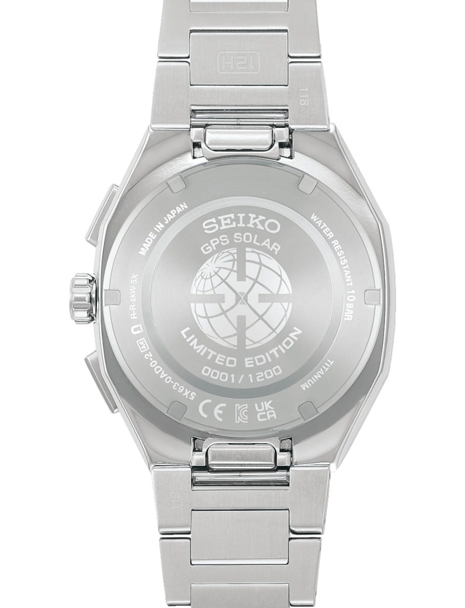 Back view of Seiko Astron wristwatch with titanium case and bracelet, and solid case back.
