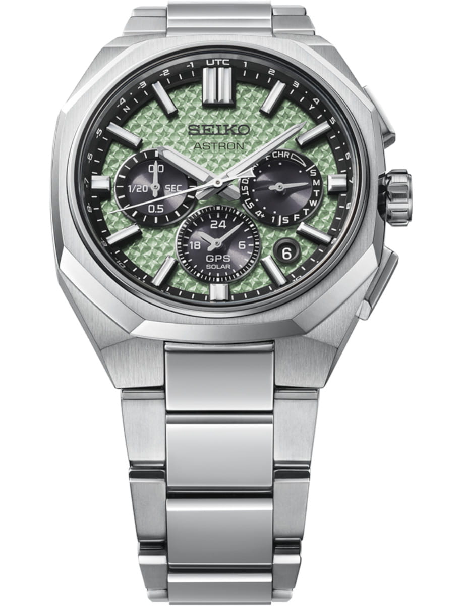 Front view of Seiko Astron wristwatch with titanium case and bracelet, and green dial.