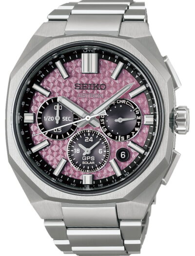 Seiko Astron wristwatch with titanium case and bracelet, and pink dial.