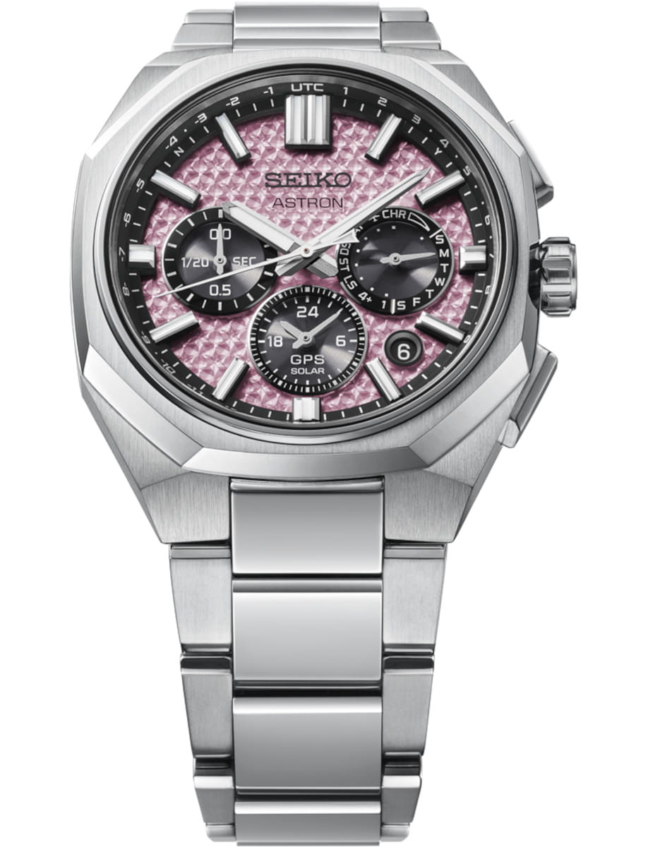 Front view of Seiko Astron wristwatch with titanium case and bracelet, and pink dial. Front view of Seiko Astron wristwatch with titanium case and bracelet, and pink dial.
