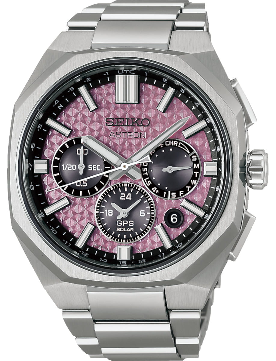 Seiko Astron wristwatch with titanium case and bracelet, and pink dial. Seiko Astron wristwatch with titanium case and bracelet, and pink dial.