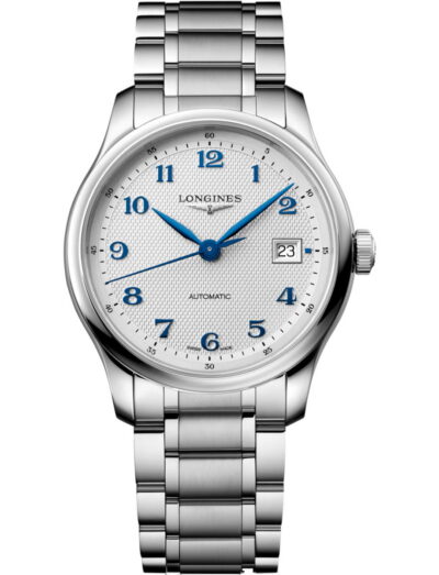 Longines Master Collection wristwatch with stainless steel case and bracelet, and silver dial. | Feldmar Watch Co. Longines Master Collection wristwatch with stainless steel case and bracelet, and silver dial.