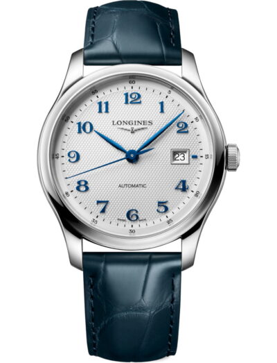 Longines Master Collection wristwatch with stainless steel case, silver dial. and alligator strap. | Feldmar Watch Co. Longines Master Collection wristwatch with stainless steel case, silver dial. and alligator strap.