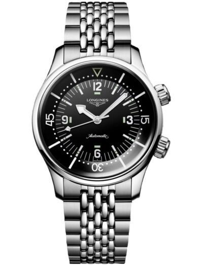Longines wristwatch with stainless steel case and bracelet and black dial | Feldmar Watch Co. Longines wristwatch with stainless steel case and bracelet and black dial