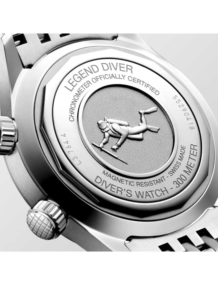 Back view of Longines wristwatch with stainless steel case and bracelet and black dial