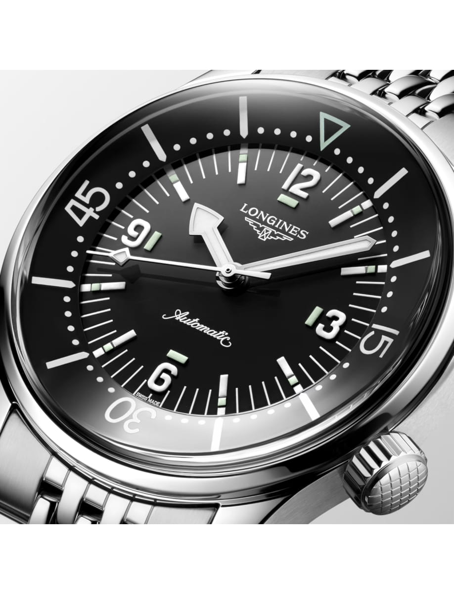 Close view of Longines wristwatch with stainless steel case and bracelet and black dial