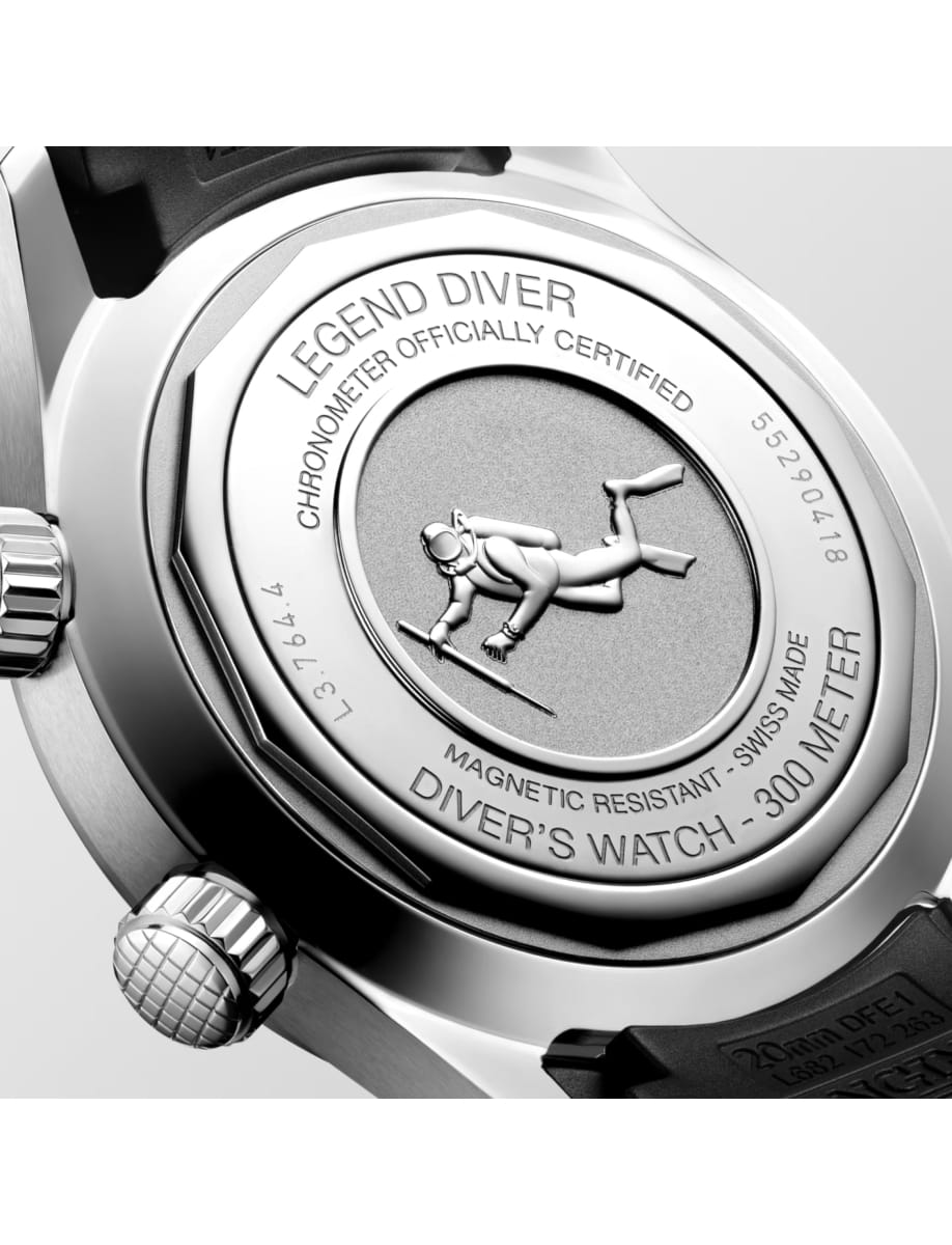 Back view of Longines wristwatch with stainless steel case, black dial and black rubber strap
