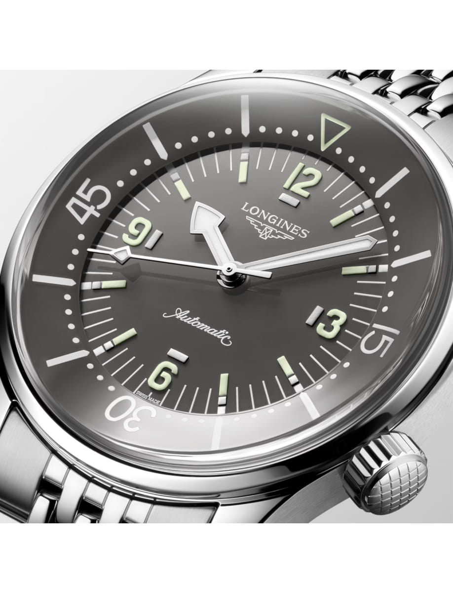 Close view of Longines wristwatch with stainless steel case and bracelet and grey dial