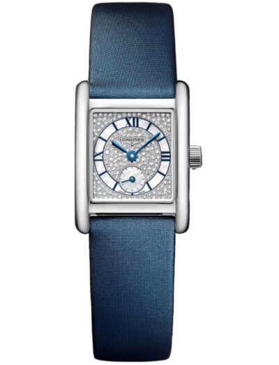 Longines wristwatch with stainless steel case, snow-set & white mother-of-pearl dial and veal leather strap