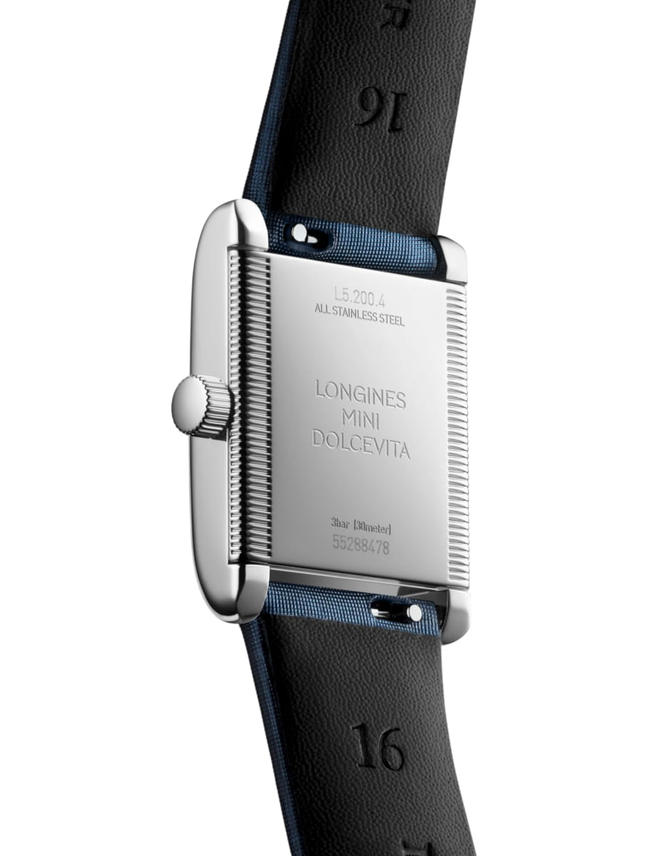 Back view of Longines wristwatch with stainless steel case, snow-set & white mother-of-pearl dial and veal leather strap