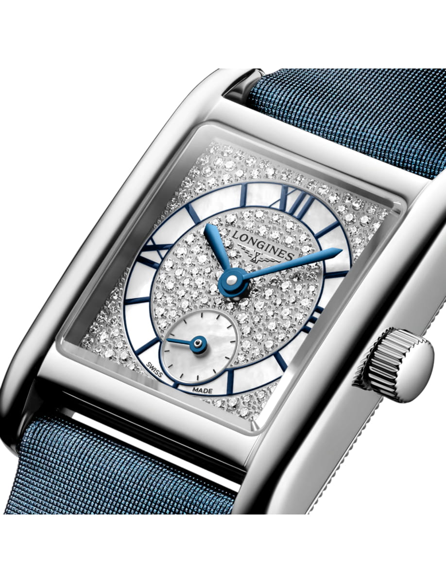 Close view of Longines wristwatch with stainless steel case, snow-set & white mother-of-pearl dial and veal leather strap