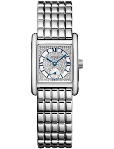Longines wristwatch with stainless steel case and bracelet and snow-set & white mother-of-pearl dial