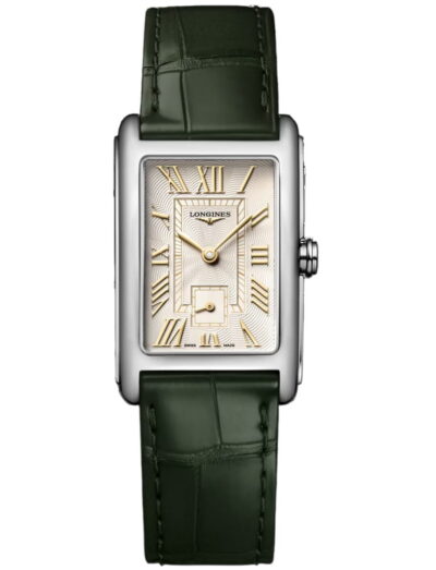 Longines wristwatch with stainless steel case, ivory gilt dial and alligator leather strap