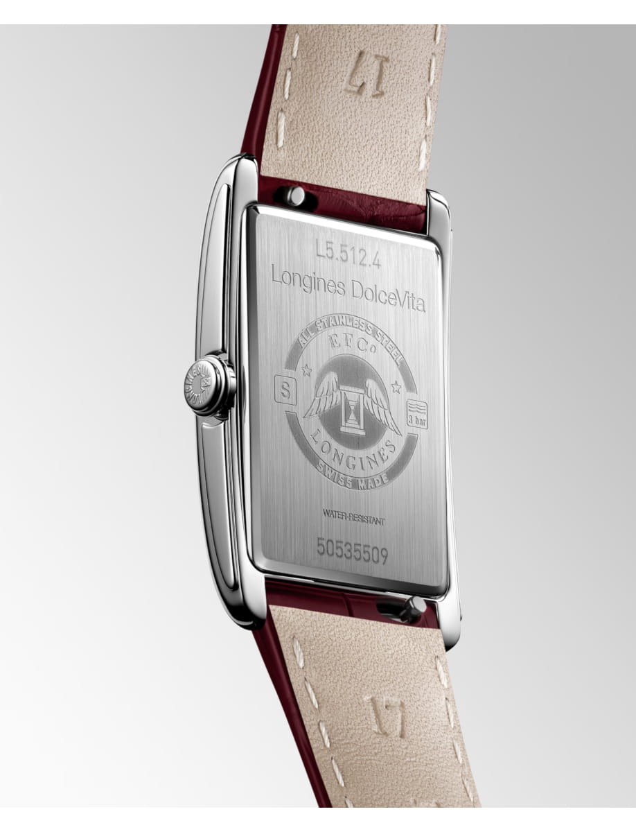Back view of Longines wristwatch with stainless steel case, ivory rose dial and alligator leather strap