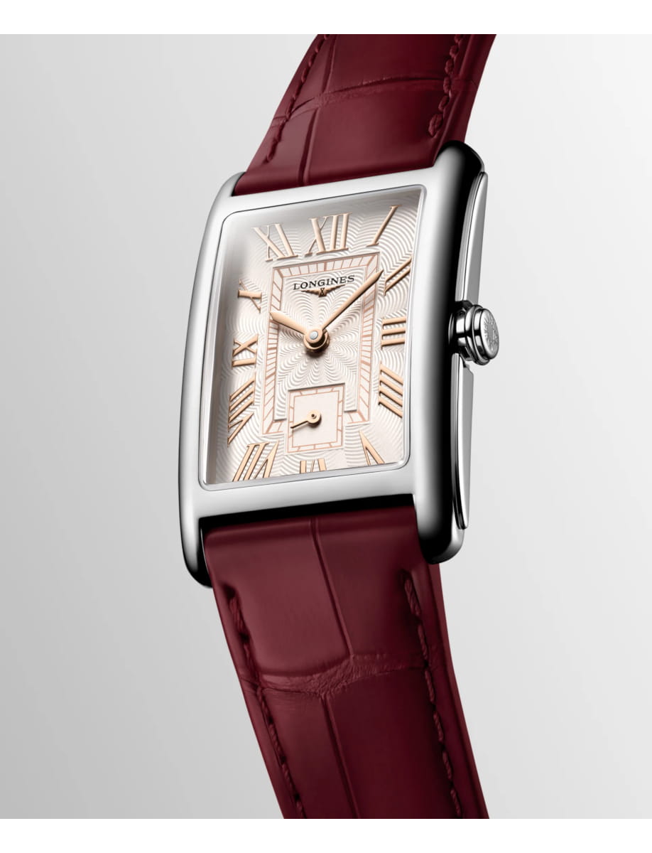 Side view of Longines wristwatch with stainless steel case, ivory rose dial and alligator leather strap