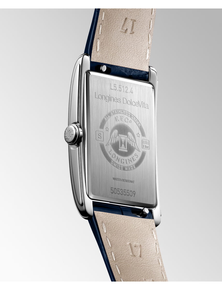Back view of Longines wristwatch with stainless steel case, silver dial and alligator leather strap