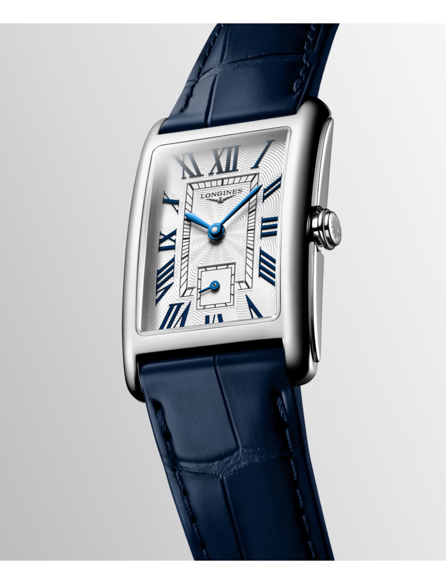 Side view of Longines wristwatch with stainless steel case, silver dial and alligator leather strap