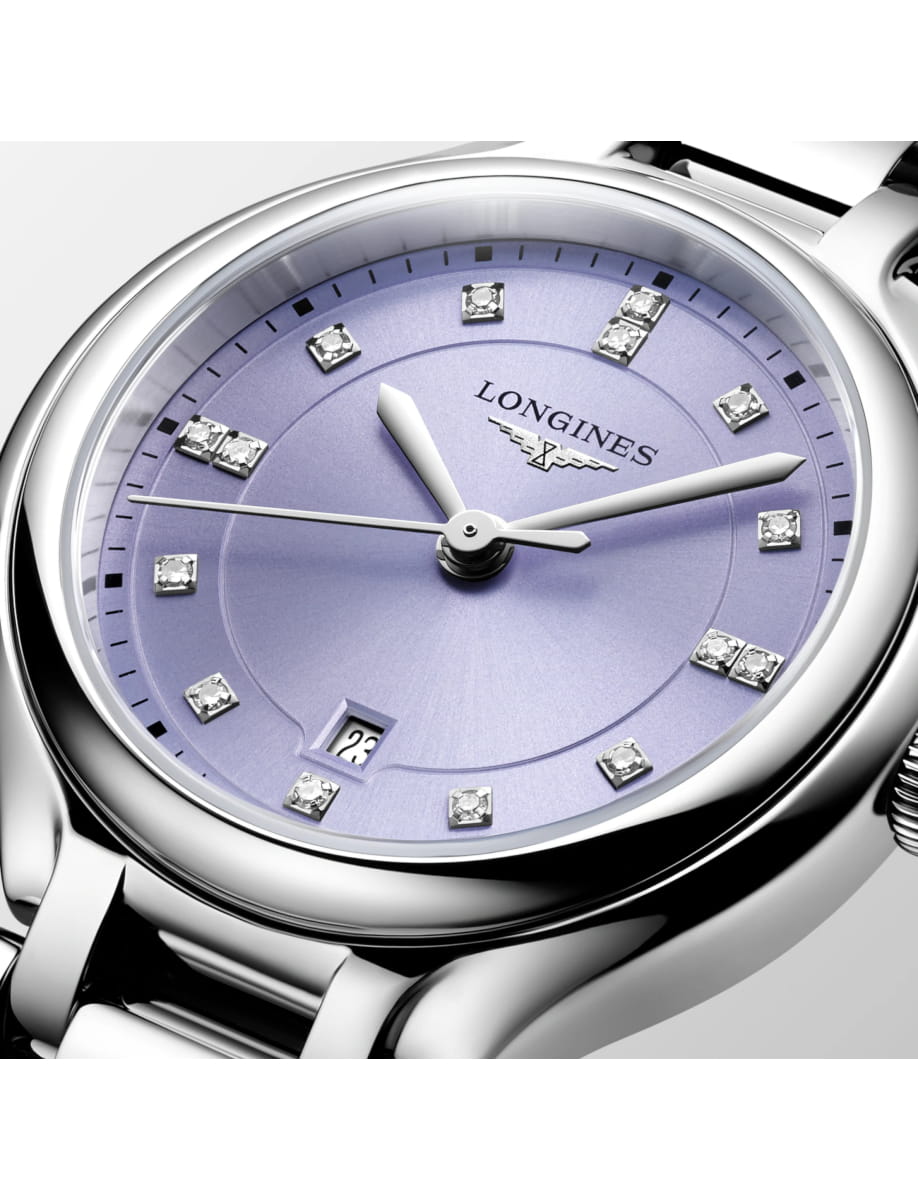Close view of Longines wristwatch with stainless steel case and bracelet and lavander dial