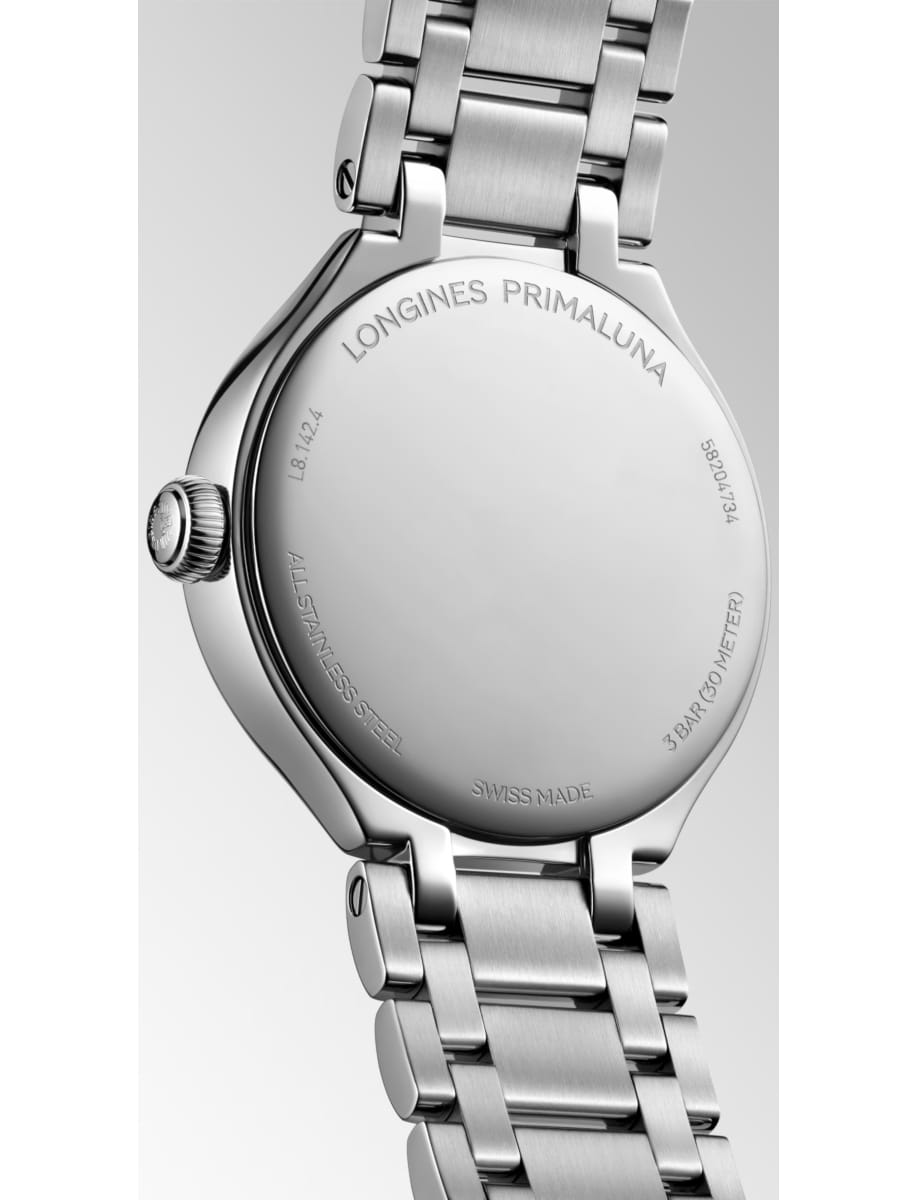 Back view of Longines wristwatch with stainless steel case and bracelet and lavander dial