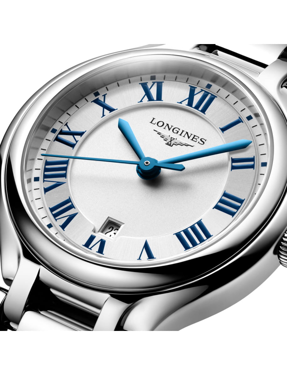 Close view of Longines PrimaLuna wristwatch with stainless steel case and bracelet, and sunray silver dial.