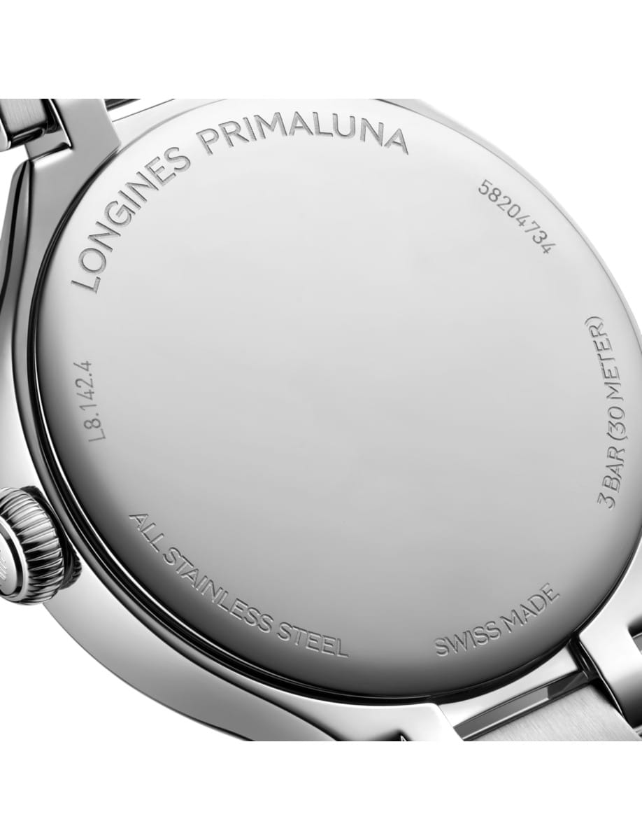 Back view of Longines PrimaLuna wristwatch with stainless steel case and bracelet, and sunray silver dial.