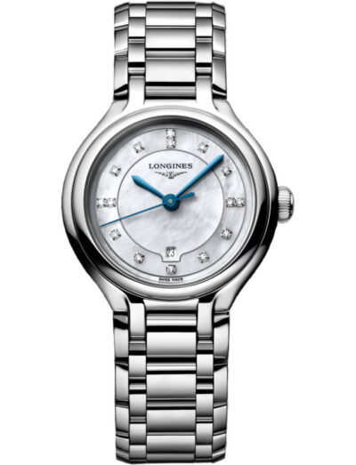 Longines PrimaLuna wristwatch with stainless steel case and bracelet, and white mother-of-pearl dial.