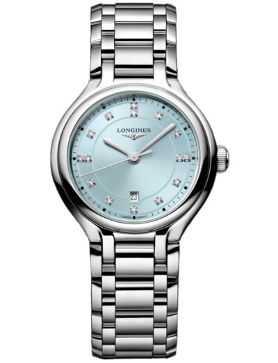 Longines wristwatch with stainless steel case and bracelet and mint blue dial