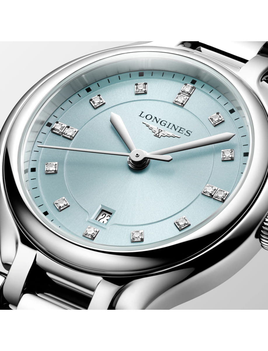 Close view of Longines wristwatch with stainless steel case and bracelet and mint blue dial