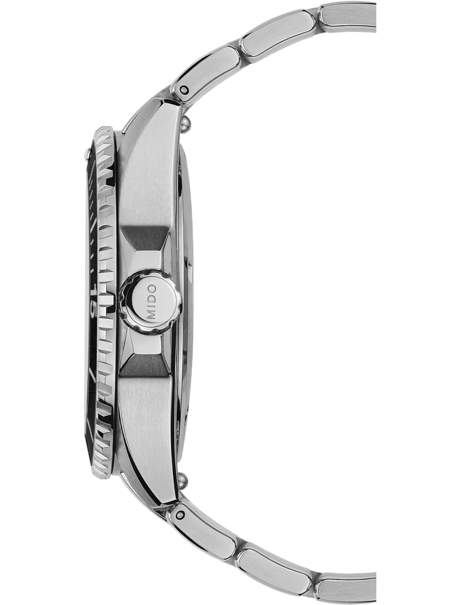 Side view of Mido wristwatch with stainless steel case and bracelet and white dial