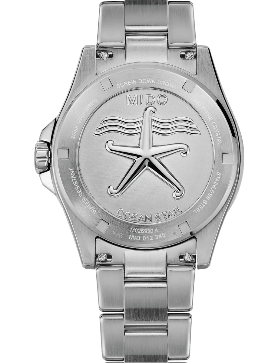 Back view of Mido wristwatch with stainless steel case and bracelet and silver dial
