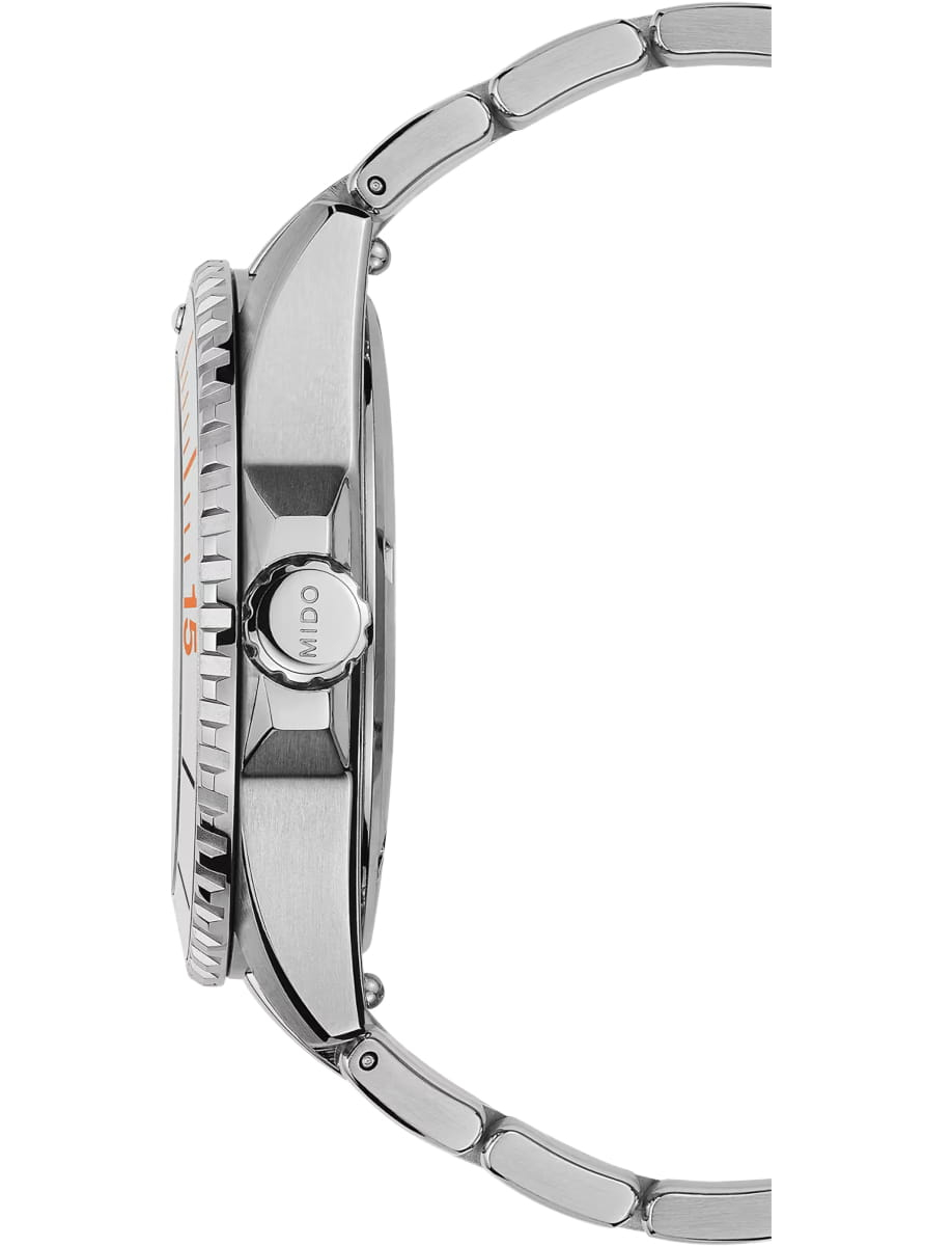 Side view of Mido wristwatch with stainless steel case and bracelet and silver dial