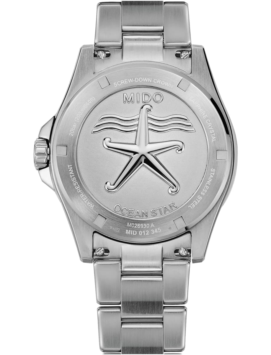 Back view of Mido wristwatch with stainless steel case and bracelet and blue dial