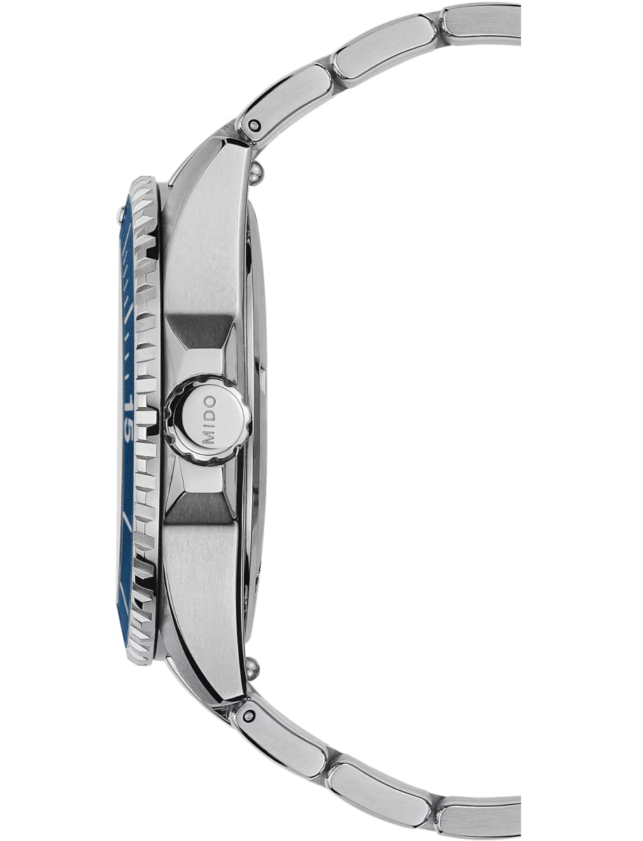Side view of Mido wristwatch with stainless steel case and bracelet and blue dial