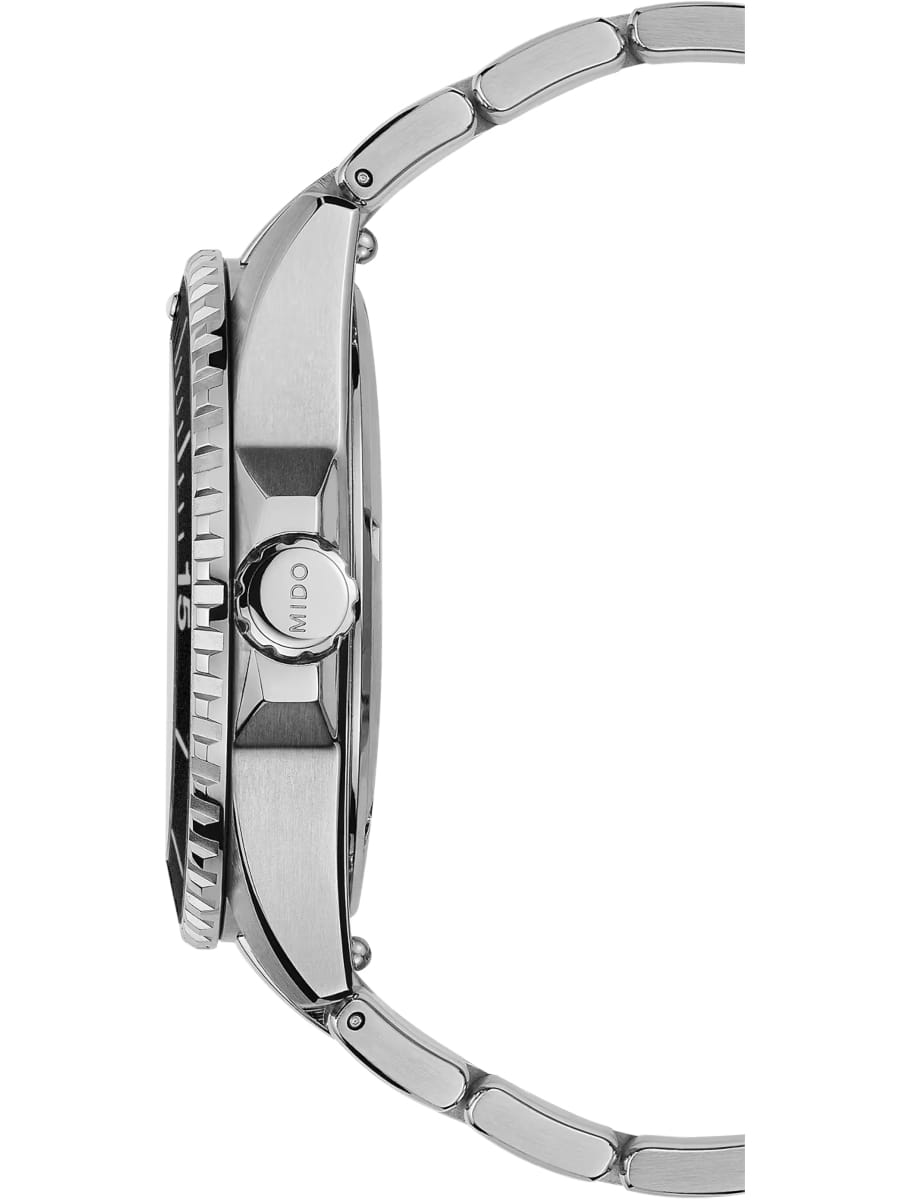 Side view of Mido wristwatch with stainless steel case and bracelet and black dial
