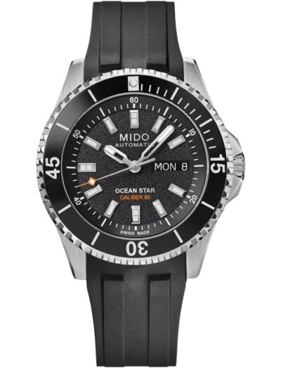 Mido wristwatch with stainless steel case, black dial and black rubber strap