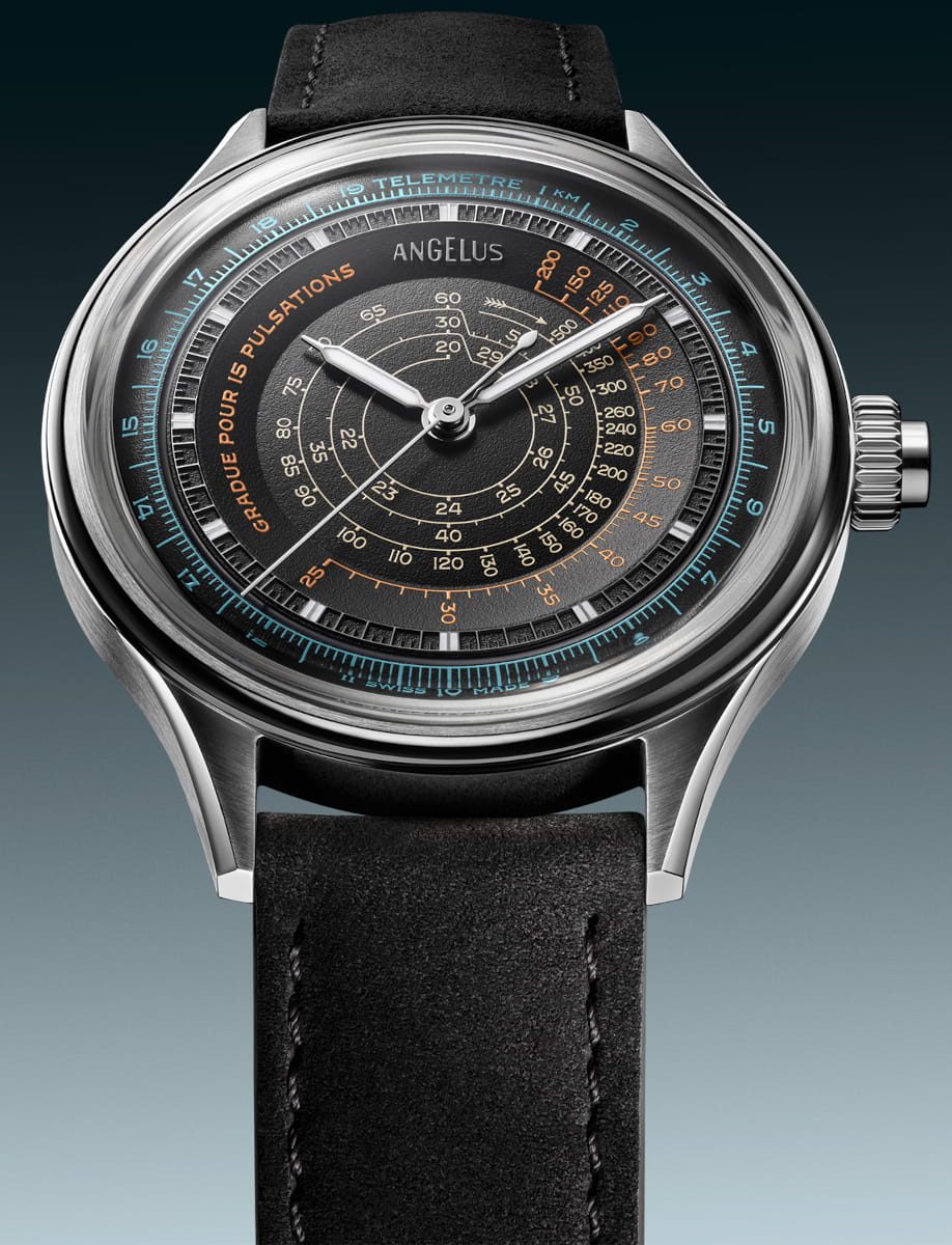 Front view of Angelus Instrument de Mesures Ebony Black wristwatch with stainless steel case, ebony black dial, and black calf leather strap.
