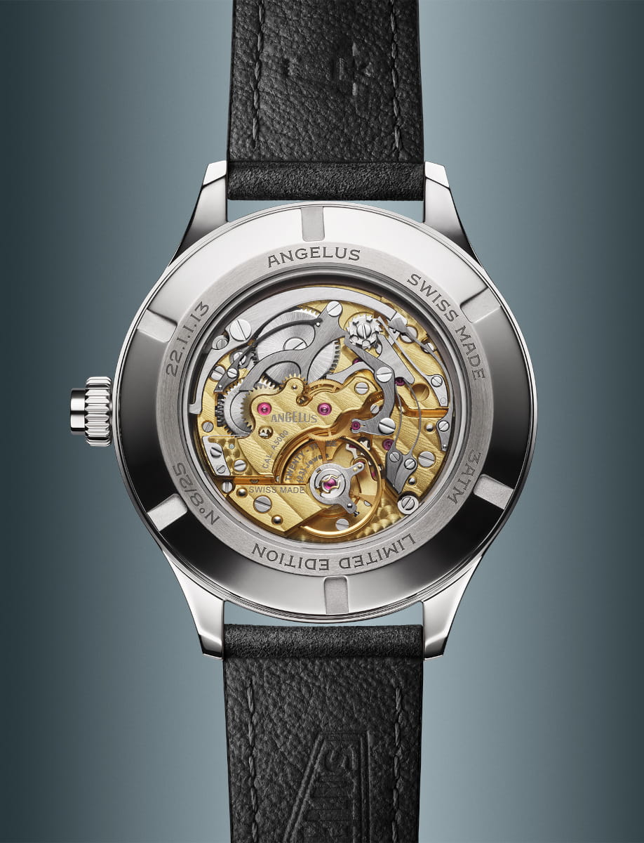 Back view of Angelus Instrument de Mesures Ebony Black wristwatch with stainless steel case, ebony black dial, and black calf leather strap.