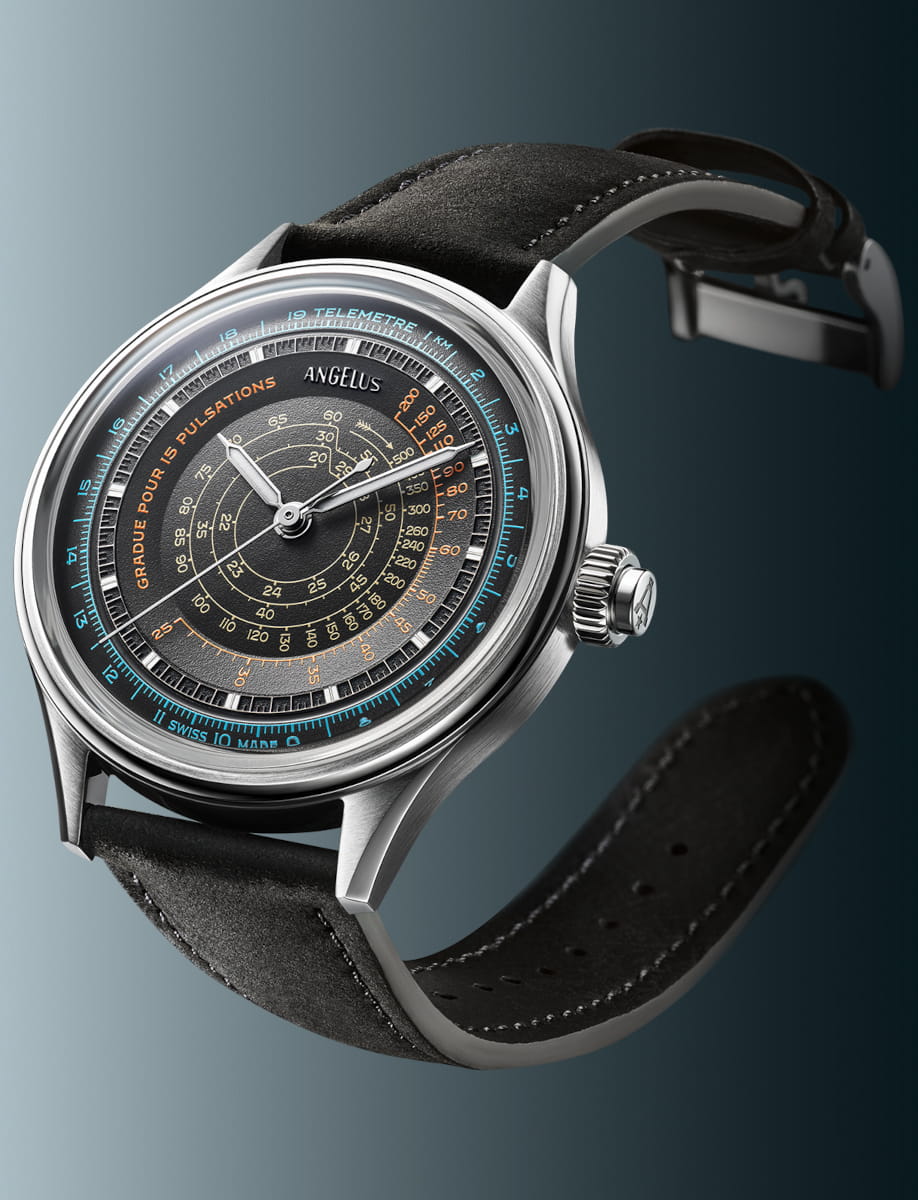 Side view of Angelus Instrument de Mesures Ebony Black wristwatch with stainless steel case, ebony black dial, and black calf leather strap.