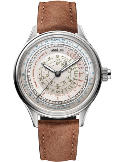 Angelus Instrument de Mesures Ivory White wristwatch with stainless steel case, Ivory White dial, and tobacco calf leather strap.