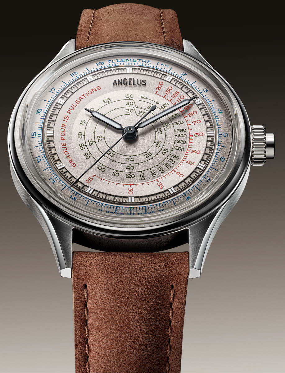 Front view of Angelus Instrument de Mesures Ivory White wristwatch with stainless steel case, Ivory White dial, and tobacco calf leather strap.