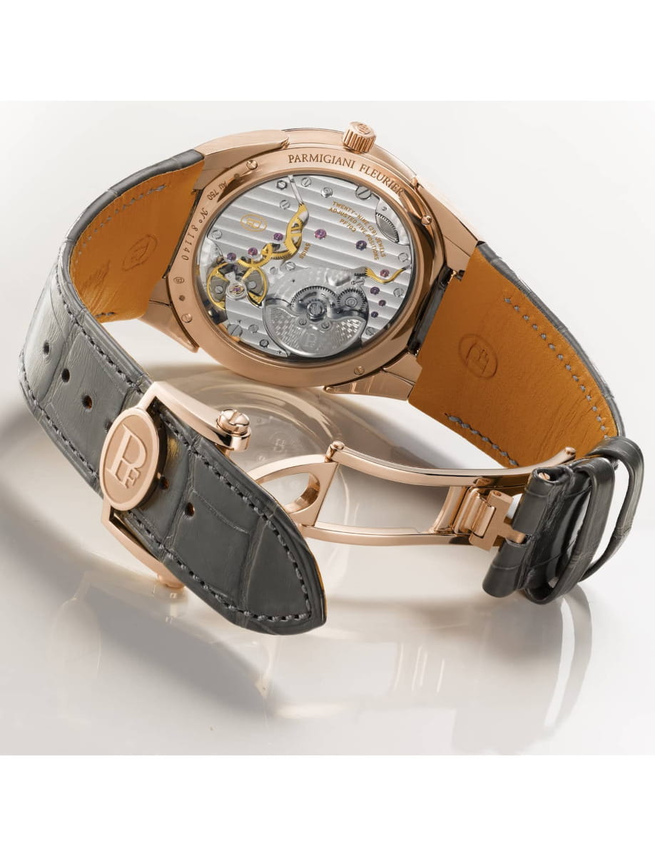 Back and strap view of Parmigiani Fleurier Tonda PF Micro-Rotor wristwatch with 18k rose gold case, warm grey dial, and alligator strap.