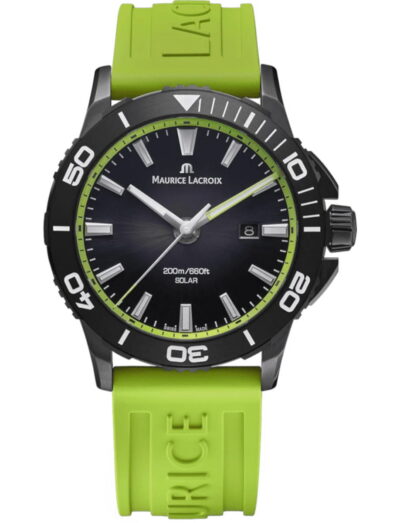 Maurice Lacroix Pontos S Solar wristwatch with stainless steel case, black smoked translucid dial, and Green fluo rubber FKM strap with Maurice Lacroix debossed.